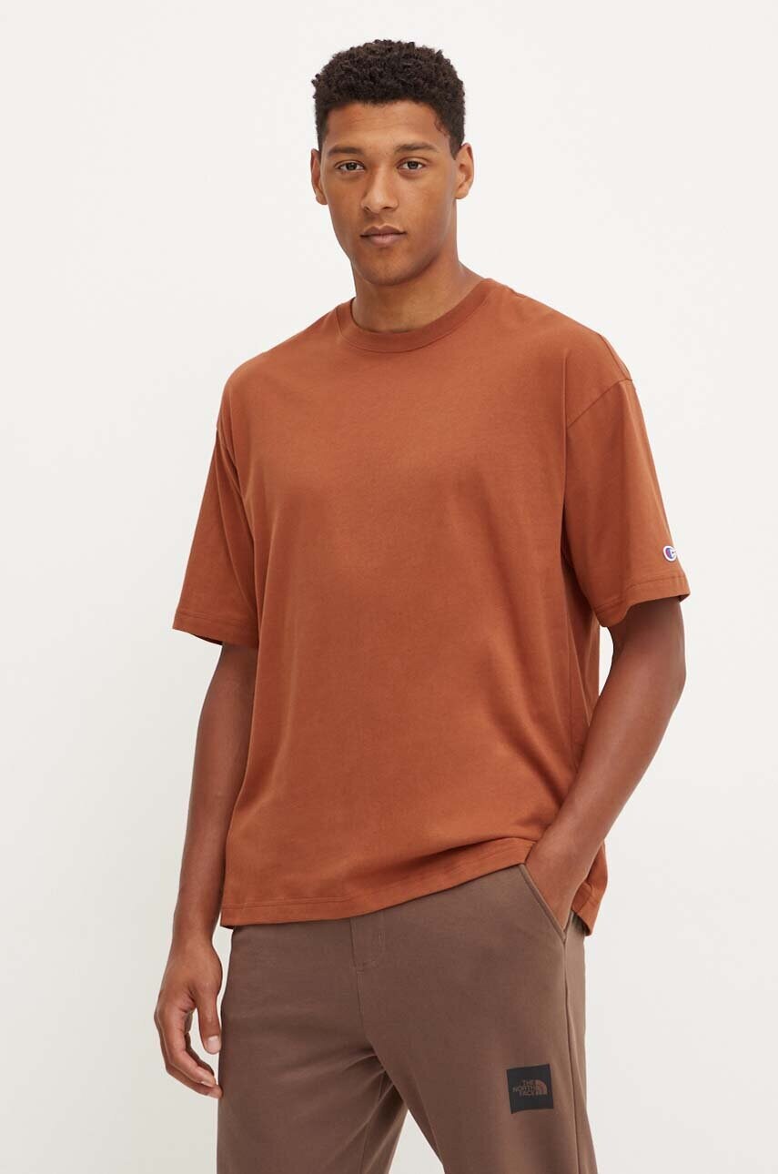 Champion tricou din bumbac barbati, culoarea maro, neted, 219632