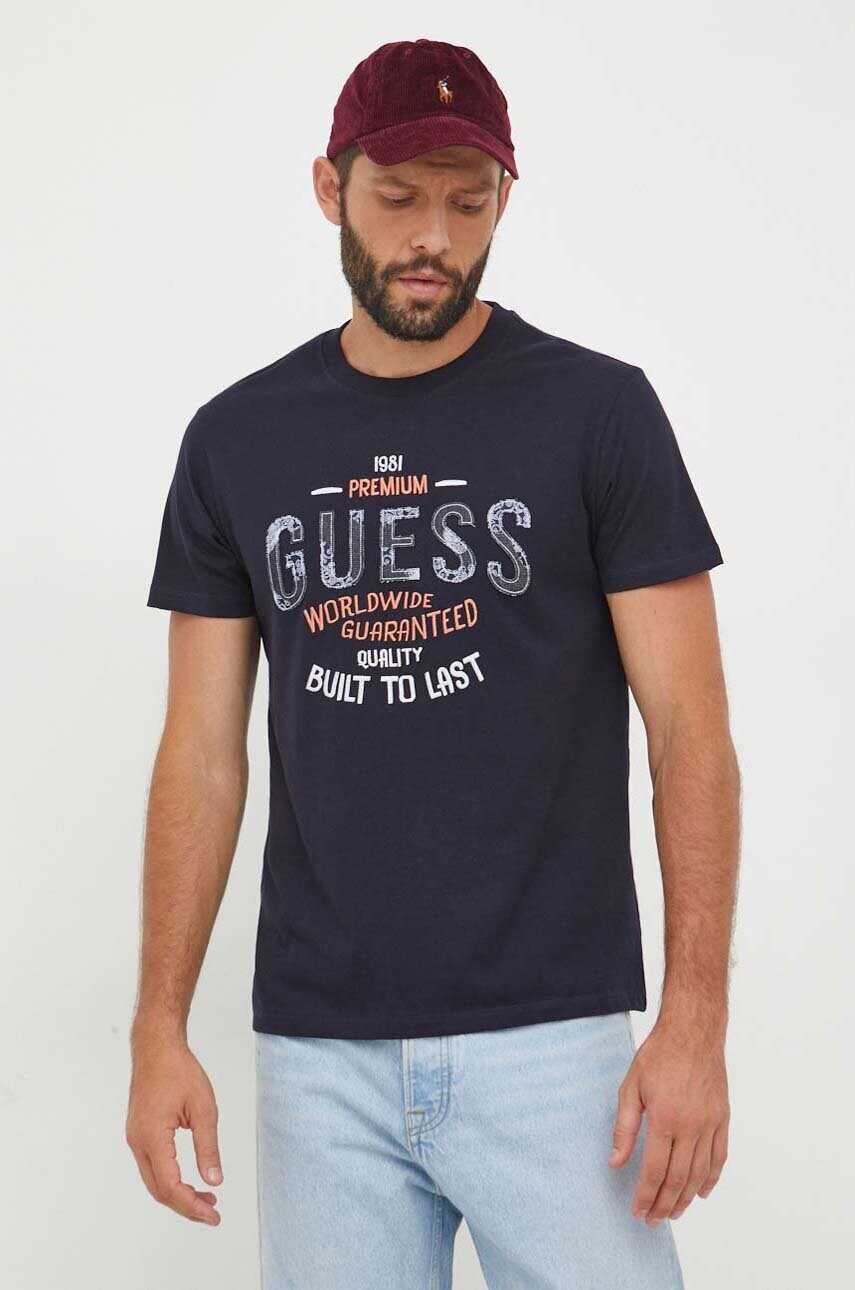 

Бавовняна футболка Guess колір синій візерунок