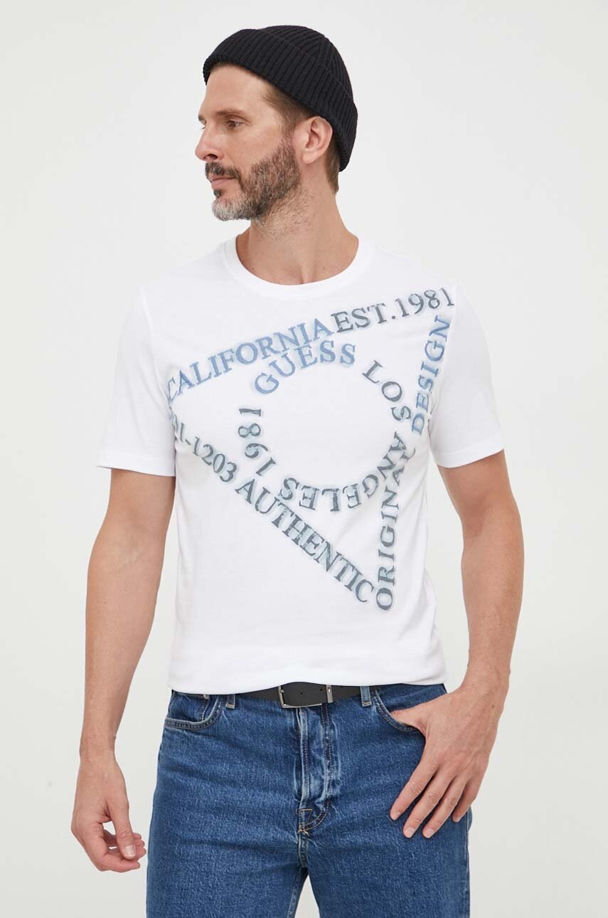 

Памучна тениска Guess в бяло с принт, Бял