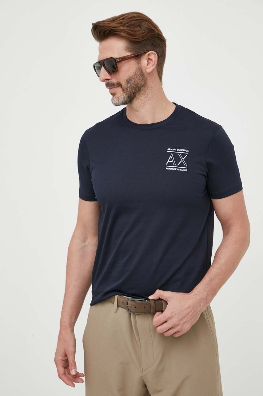 Bavlněné tričko Armani Exchange tmavomodrá barva, s potiskem - námořnická modř -  100 % Bavlna