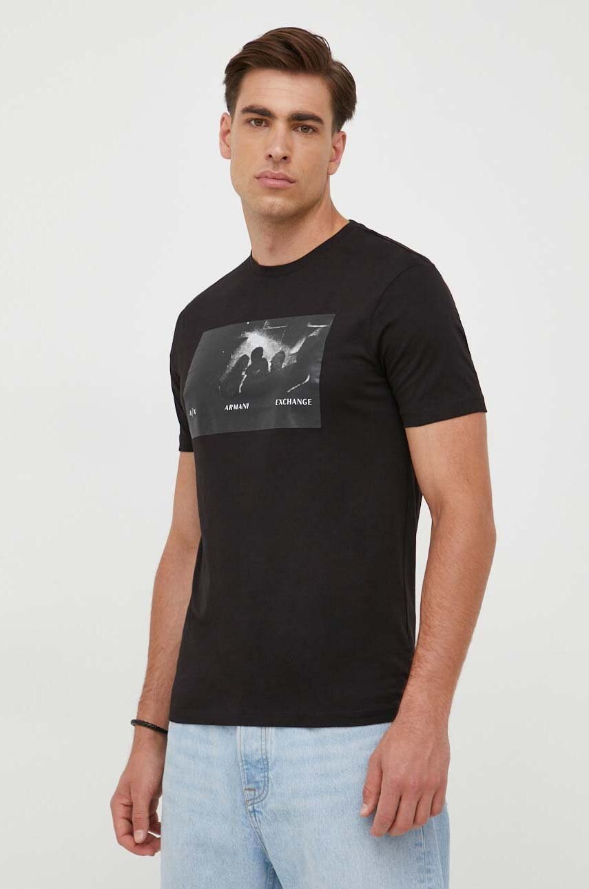 

Памучна тениска Armani Exchange в черно с принт, Черен