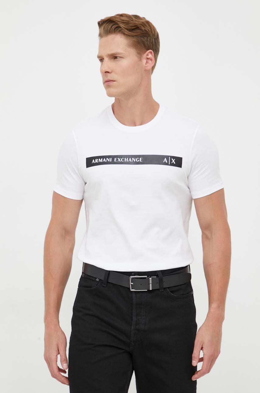 Armani Exchange tricou din bumbac culoarea alb, cu imprimeu