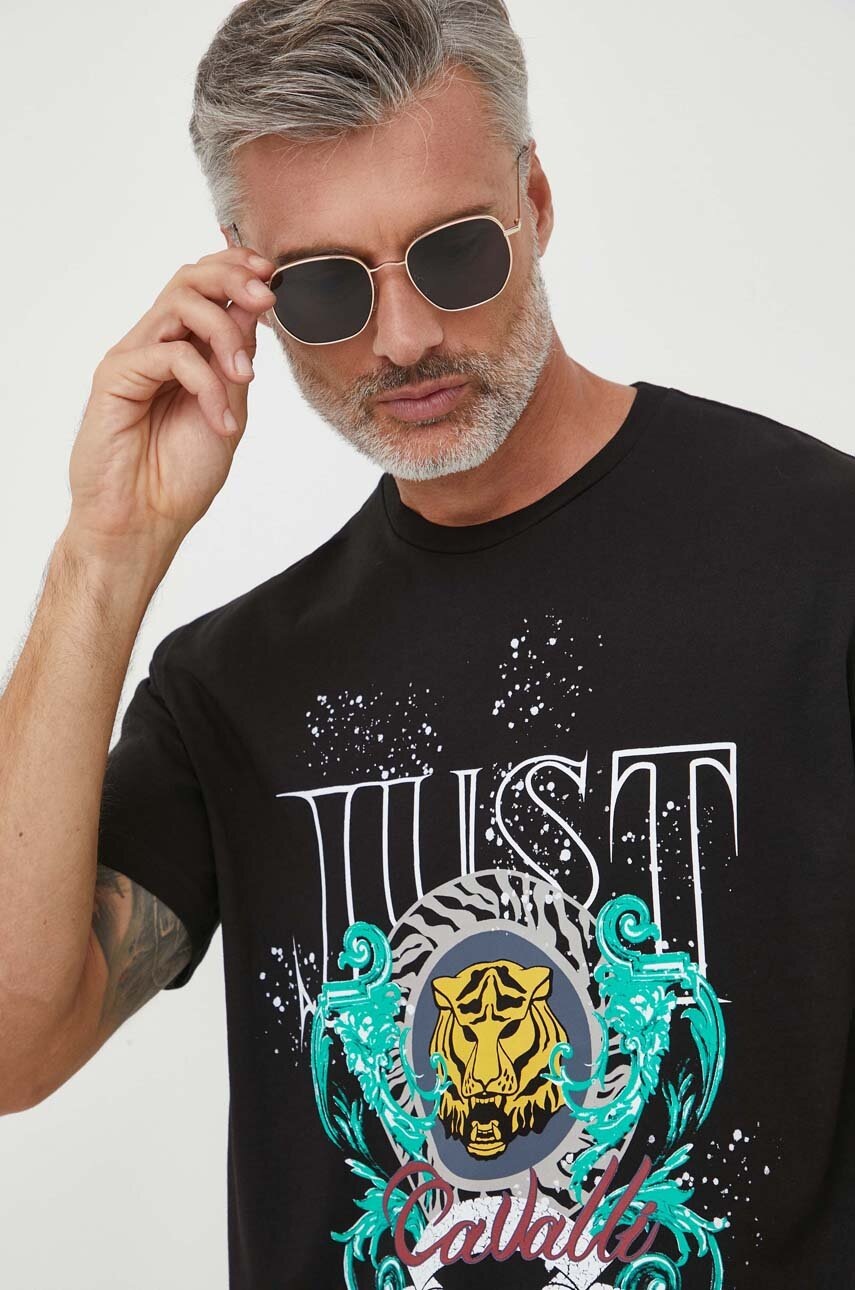 

Памучна тениска Just Cavalli в черно с принт, Черен
