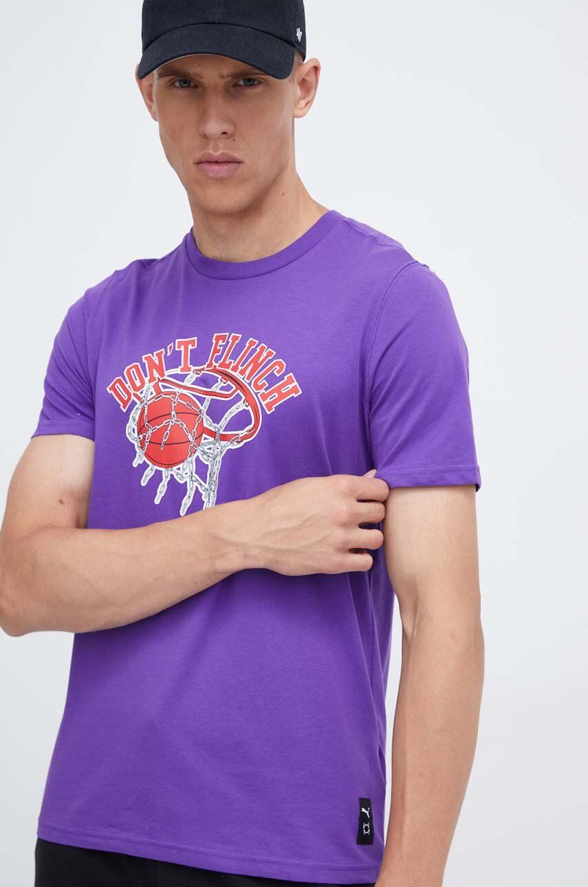 Levně Bavlněné tričko Puma fialová barva, s potiskem