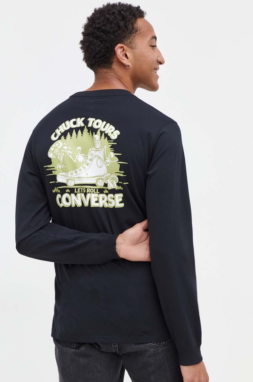 Bavlněné tričko s dlouhým rukávem Converse černá barva, s potiskem - černá - 100 % Bavlna