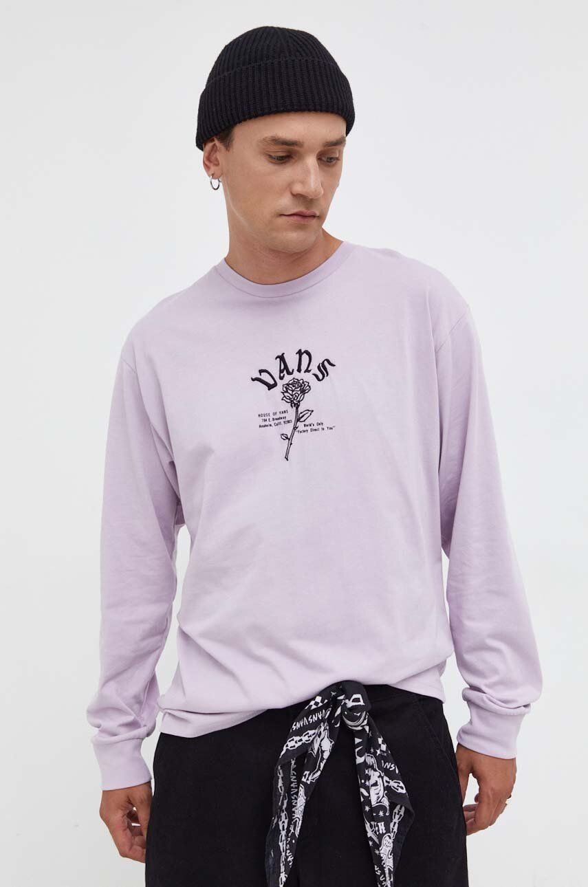 Bavlněné tričko s dlouhým rukávem Vans fialová barva, s potiskem - fialová - 100 % Bavlna