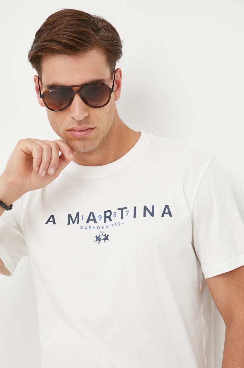 Bavlněné tričko La Martina béžová barva, s potiskem - béžová -  100 % Bavlna