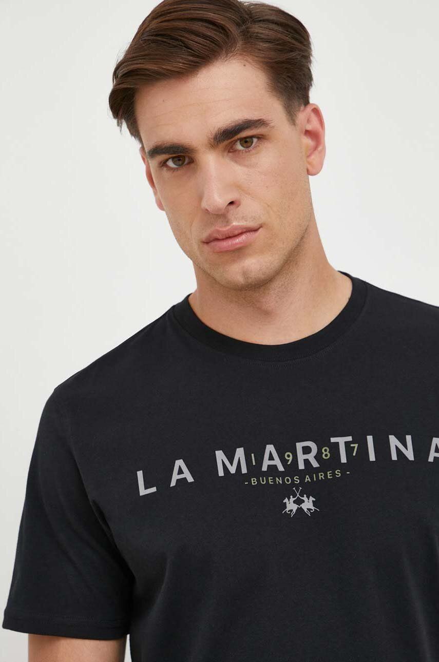 Bavlněné tričko La Martina černá barva, s potiskem - černá -  100 % Bavlna
