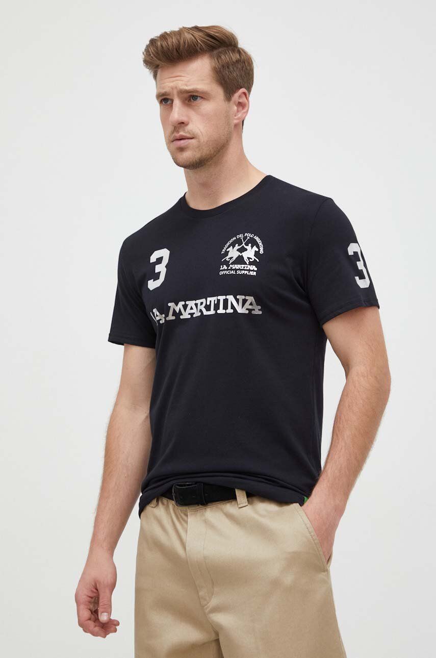 E-shop Bavlněné tričko La Martina černá barva, s potiskem