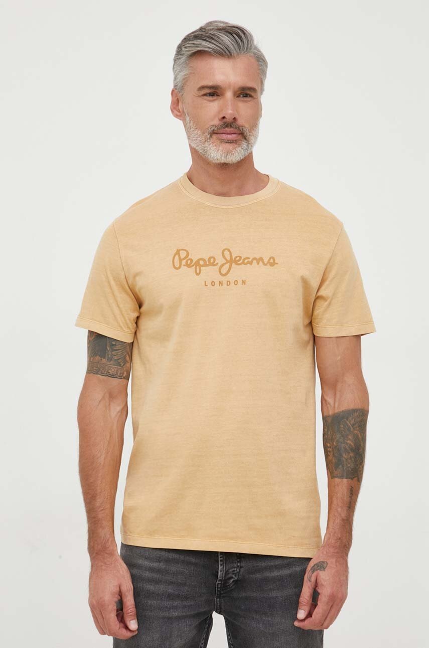 Pepe Jeans Tricou Din Bumbac Jayden Culoarea Bej, Cu Imprimeu