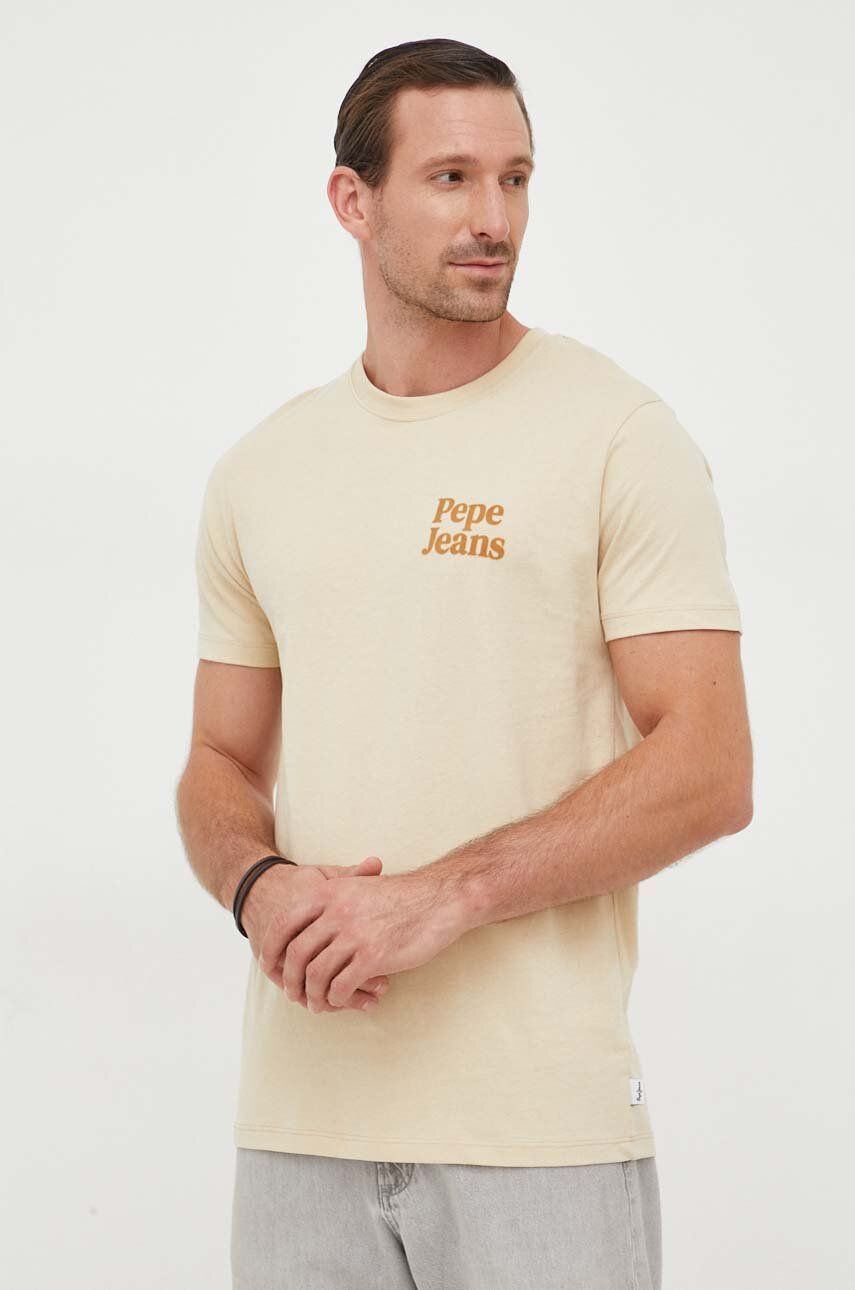 Levně Bavlněné tričko Pepe Jeans béžová barva, s aplikací