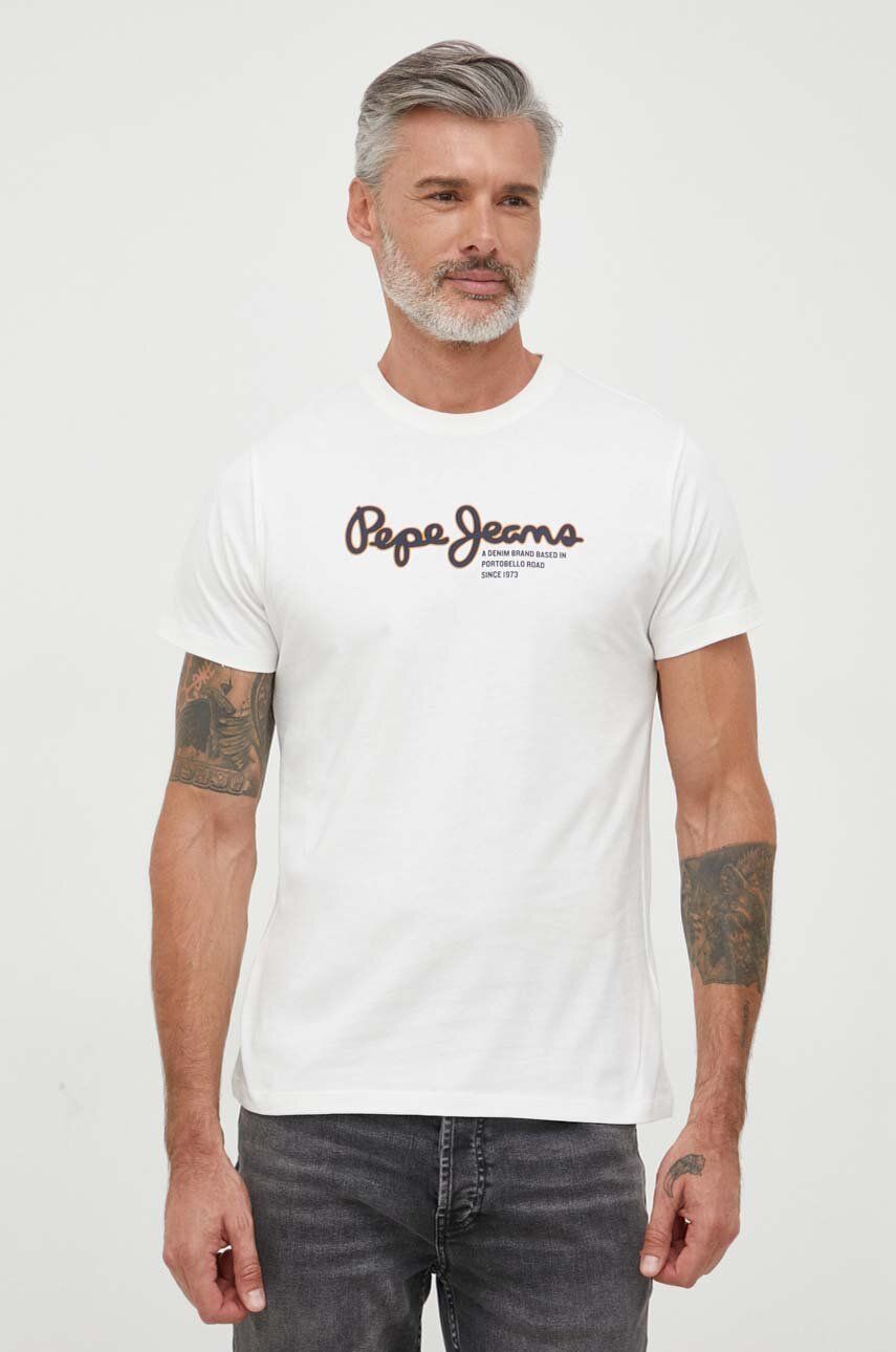 Bavlněné tričko Pepe Jeans Wido béžová barva, s potiskem - béžová - 100 % Bavlna