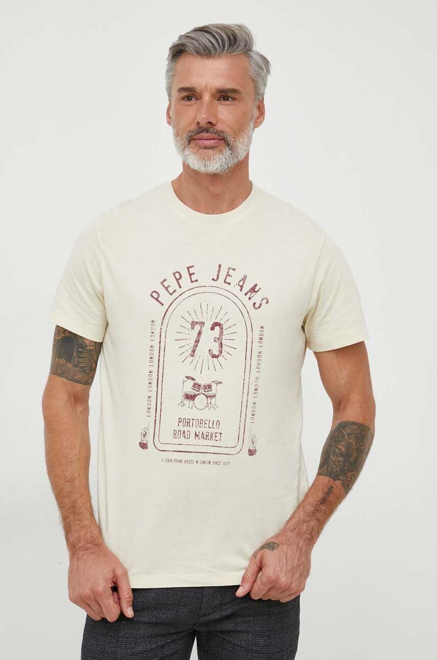 

Хлопковая футболка Pepe Jeans мужской цвет бежевый с принтом
