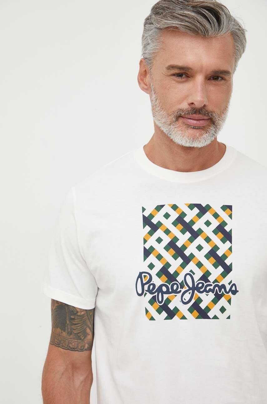 

Бавовняна футболка Pepe Jeans WARREN колір бежевий з принтом
