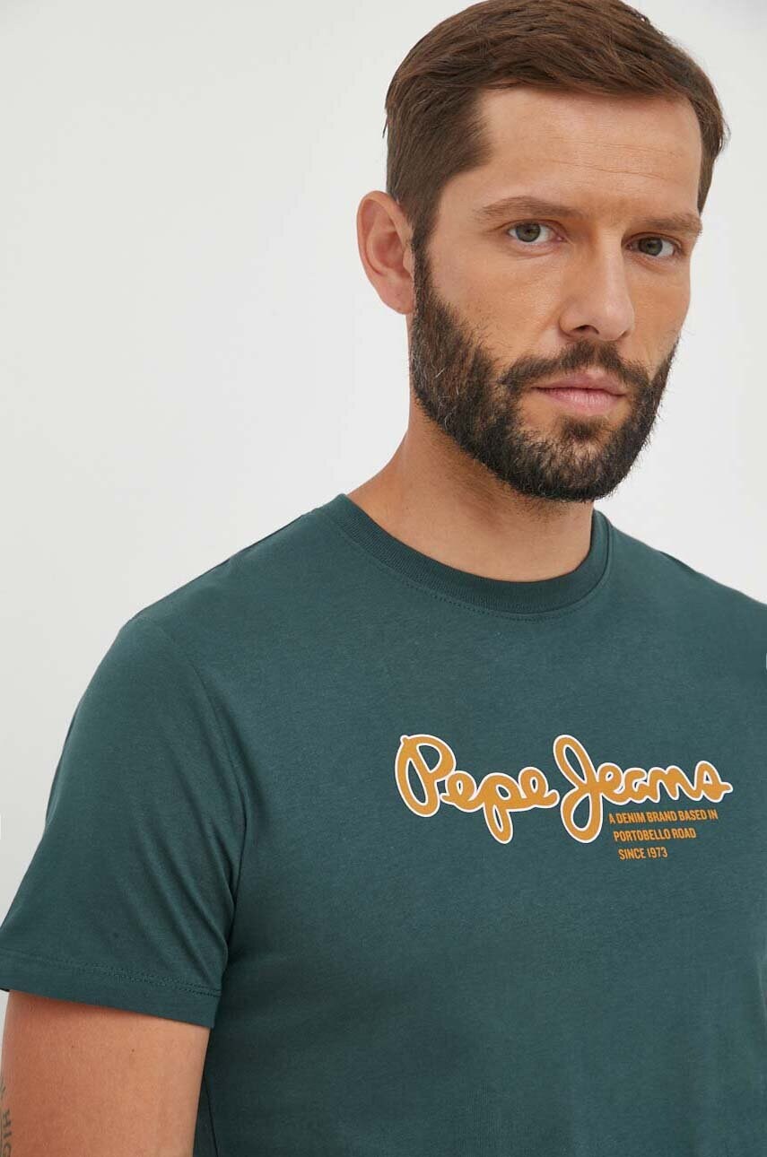 

Хлопковая футболка Pepe Jeans цвет зелёный с принтом