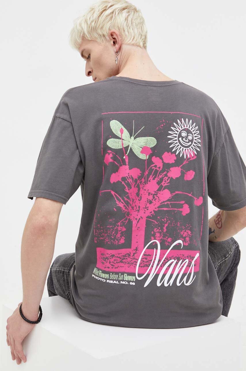 

Хлопковая футболка Vans мужской цвет серый с принтом