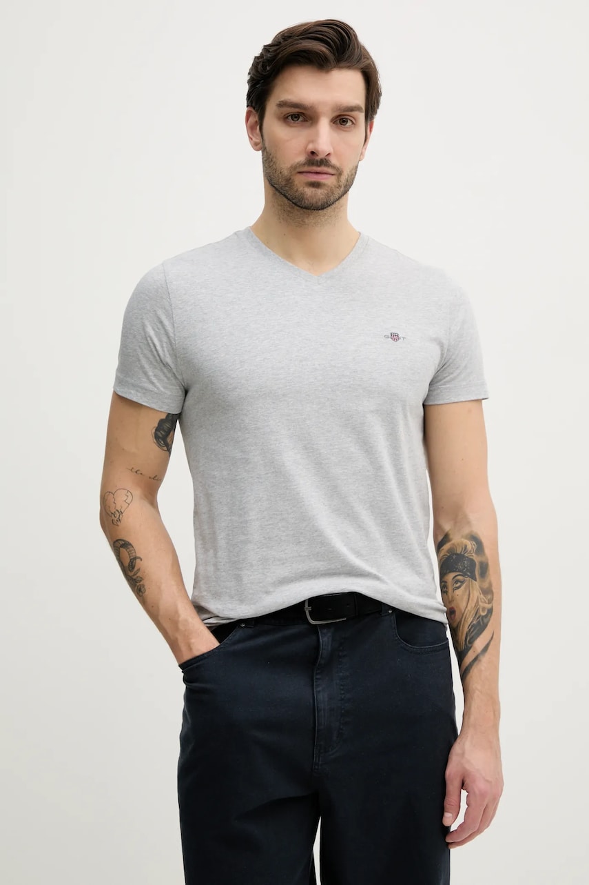 Gant tricou din bumbac barbati, culoarea gri, neted