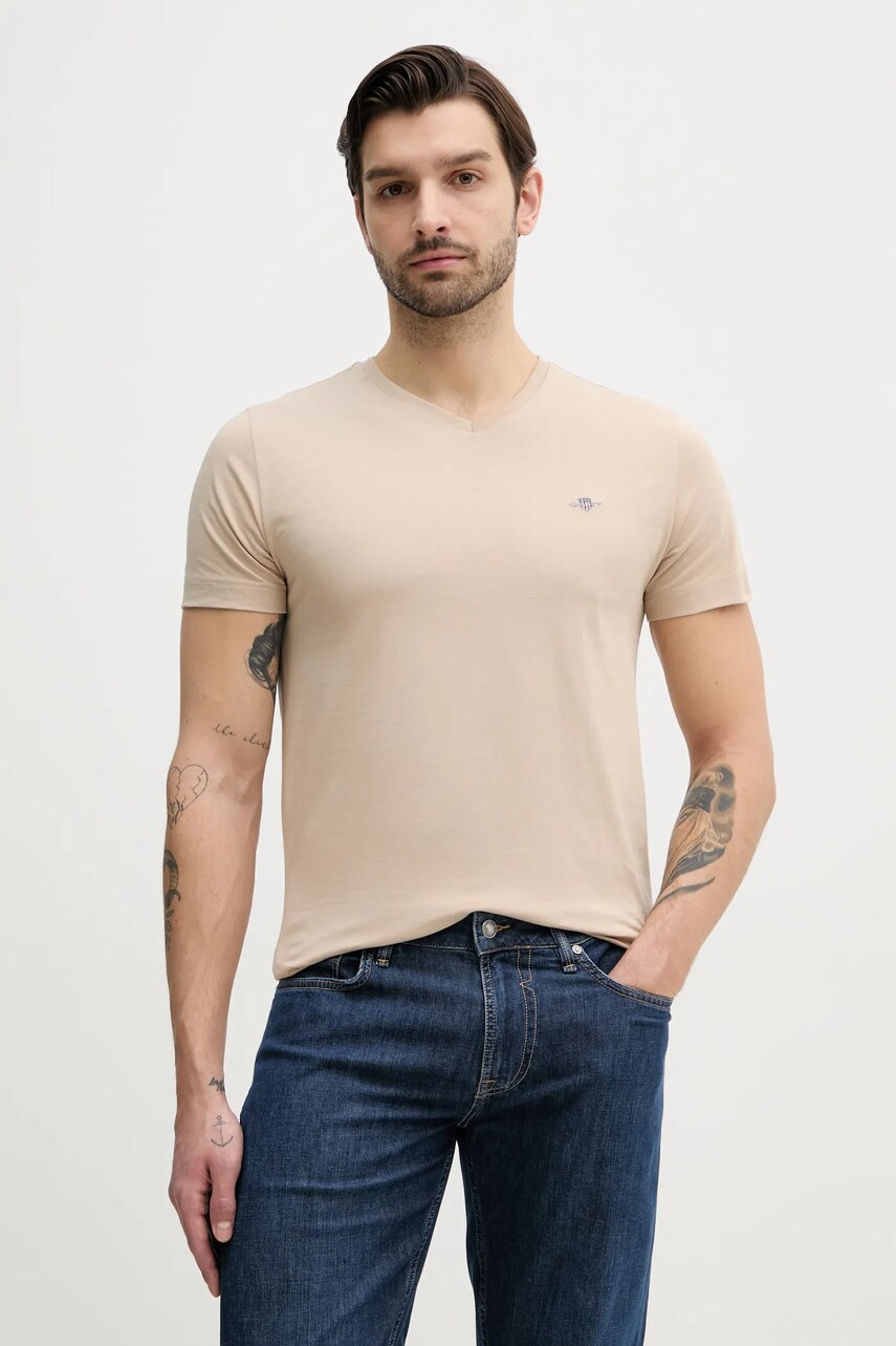 Gant tricou din bumbac barbati, culoarea bej, neted