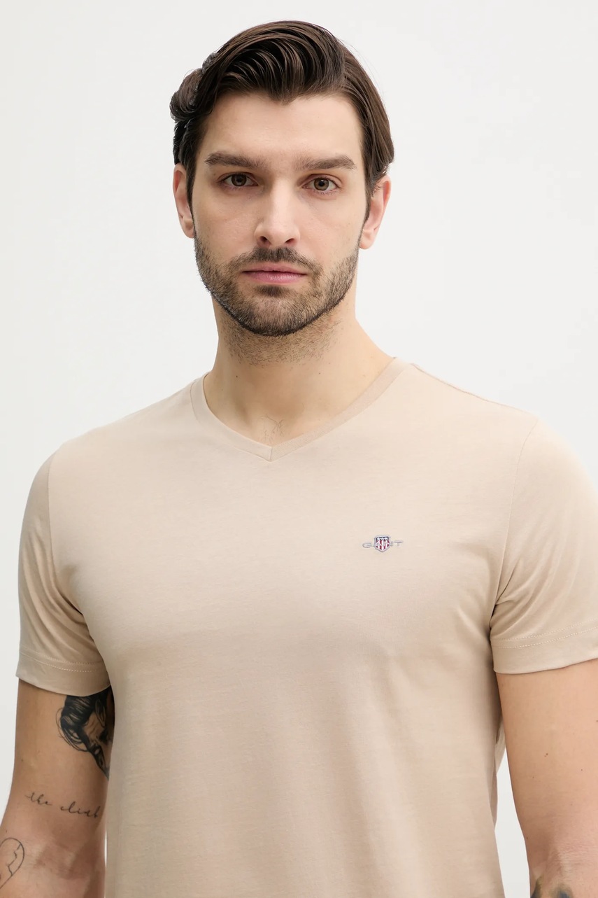 Βαμβακερό μπλουζάκι Gant ανδρικά, χρώμα: μπεζ φωτογραφία