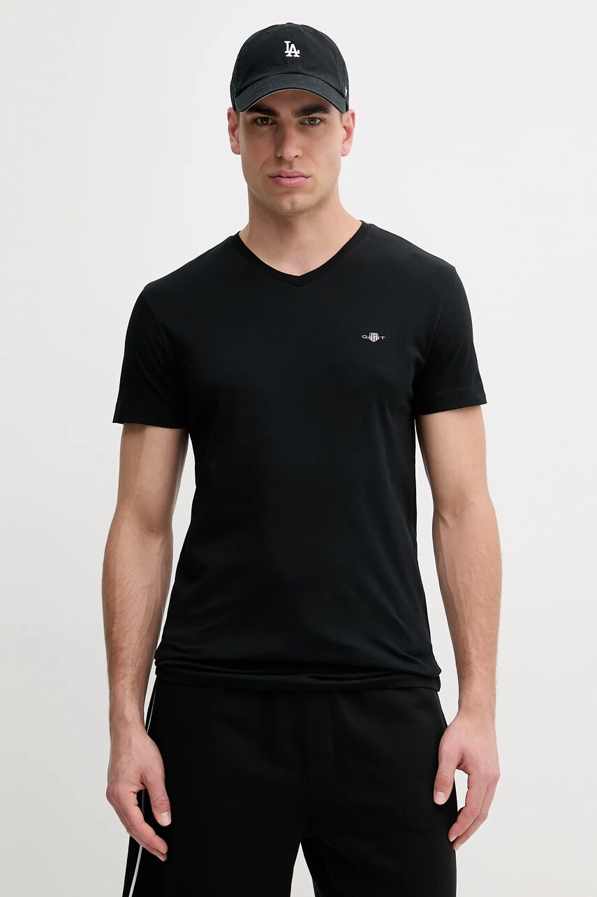 Gant tricou din bumbac barbati, culoarea negru, neted