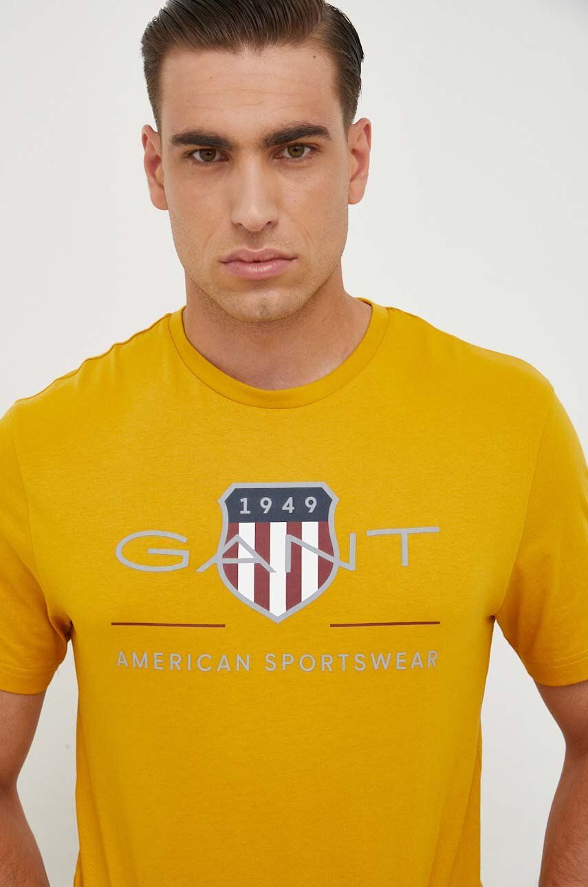 Bavlněné tričko Gant žlutá barva, s potiskem - žlutá