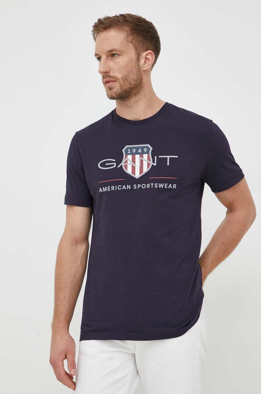 Bavlněné tričko Gant tmavomodrá barva, s potiskem - námořnická modř