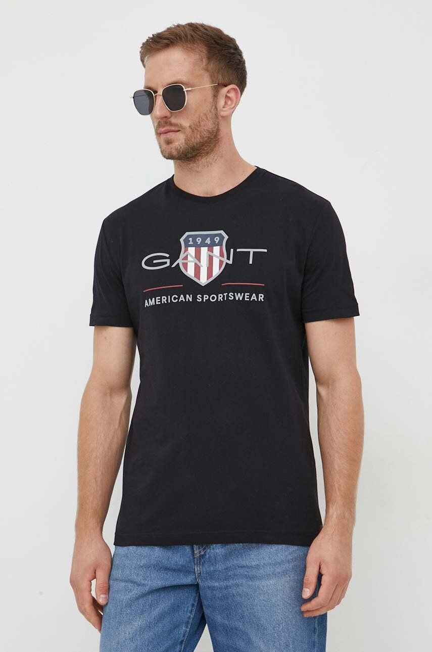 Gant tricou din bumbac culoarea negru, cu imprimeu - Shoppu.