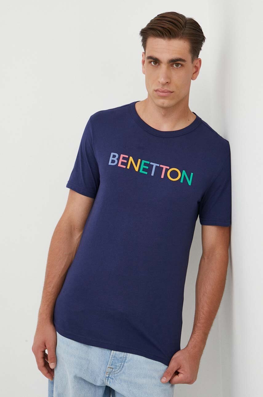 United Colors of Benetton tricou din bumbac culoarea albastru marin, cu imprimeu