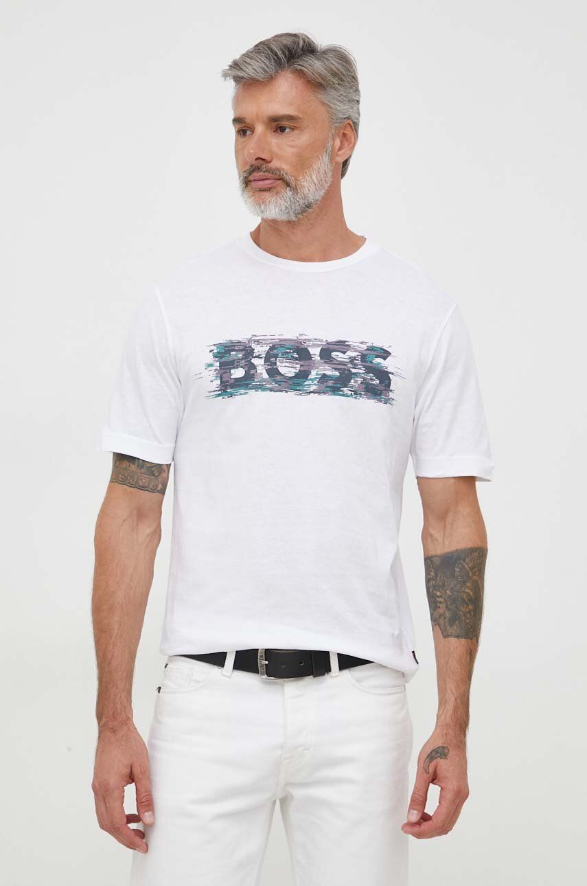 Boss Orange tricou din bumbac BOSS ORANGE culoarea alb, cu imprimeu