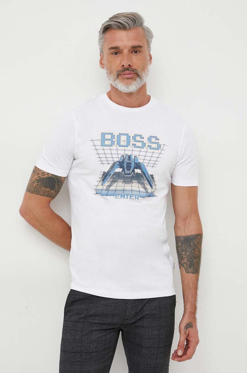 Boss Orange Tricou Din Bumbac BOSS ORANGE Culoarea Bej, Cu Imprimeu