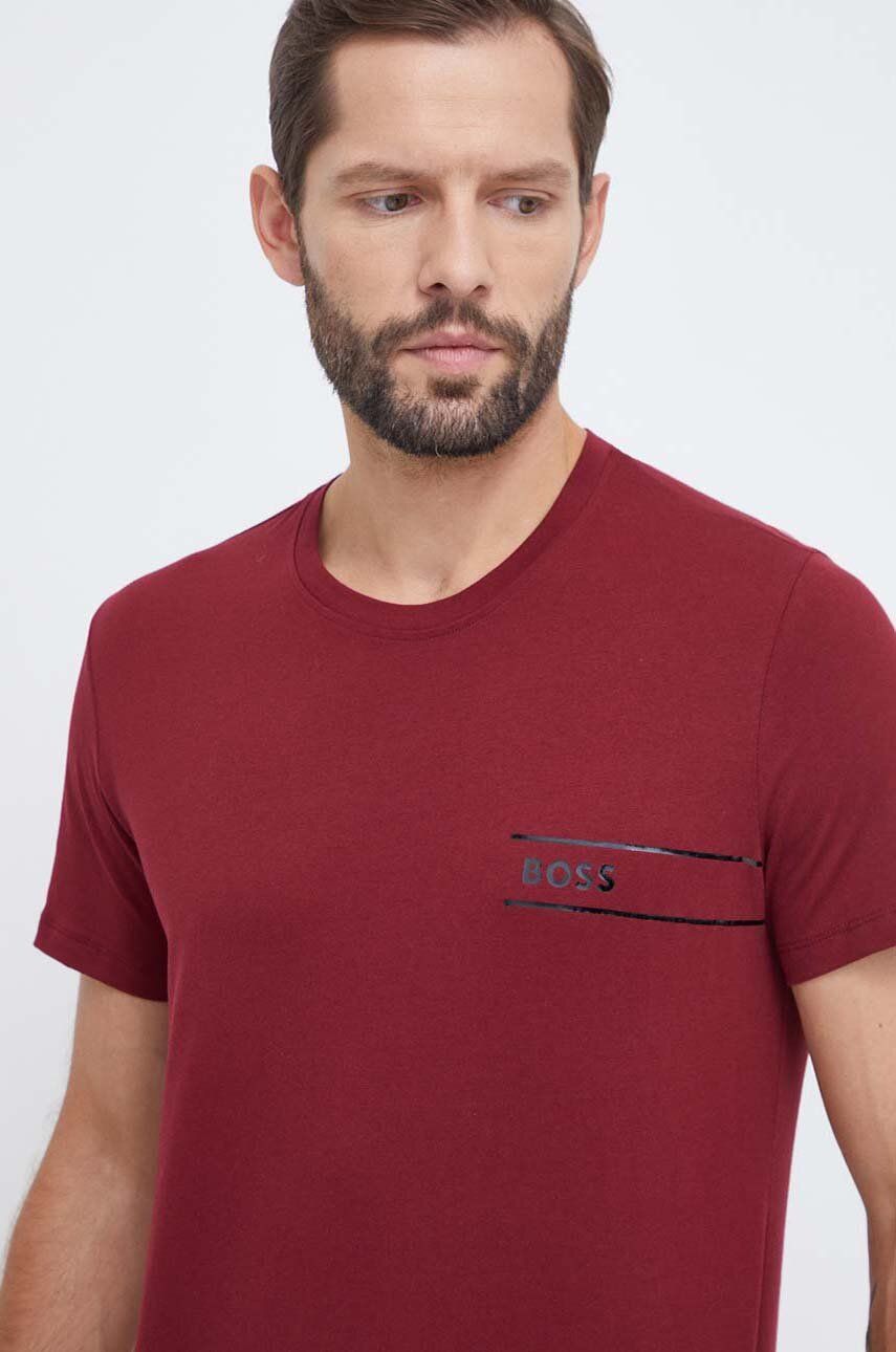 Bavlněné tričko BOSS červená barva, s potiskem - burgundské - 100 % Bavlna