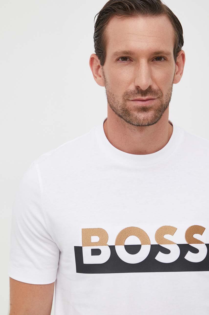 BOSS tricou din bumbac culoarea alb, cu imprimeu