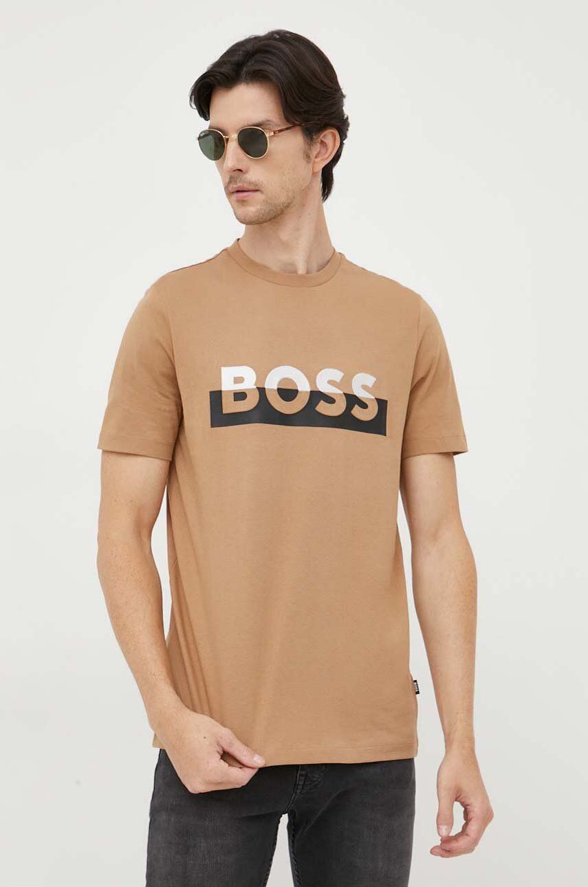 Levně Bavlněné tričko BOSS béžová barva, s potiskem