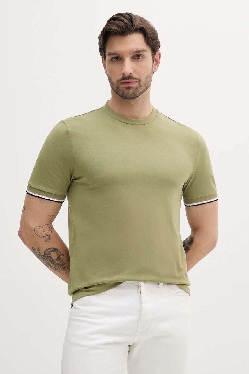 BOSS tricou din bumbac culoarea bej, neted