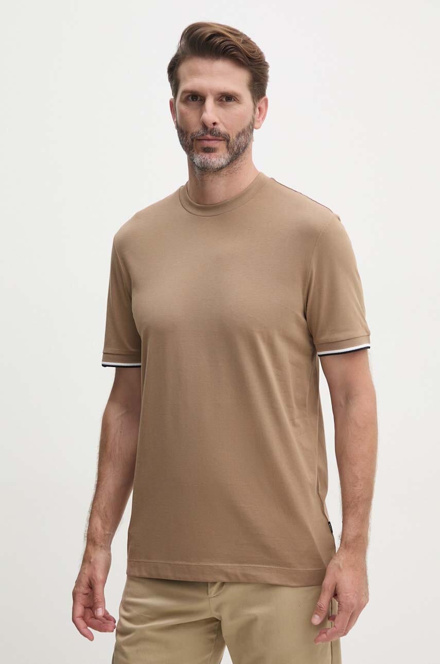BOSS tricou din bumbac culoarea bej, neted