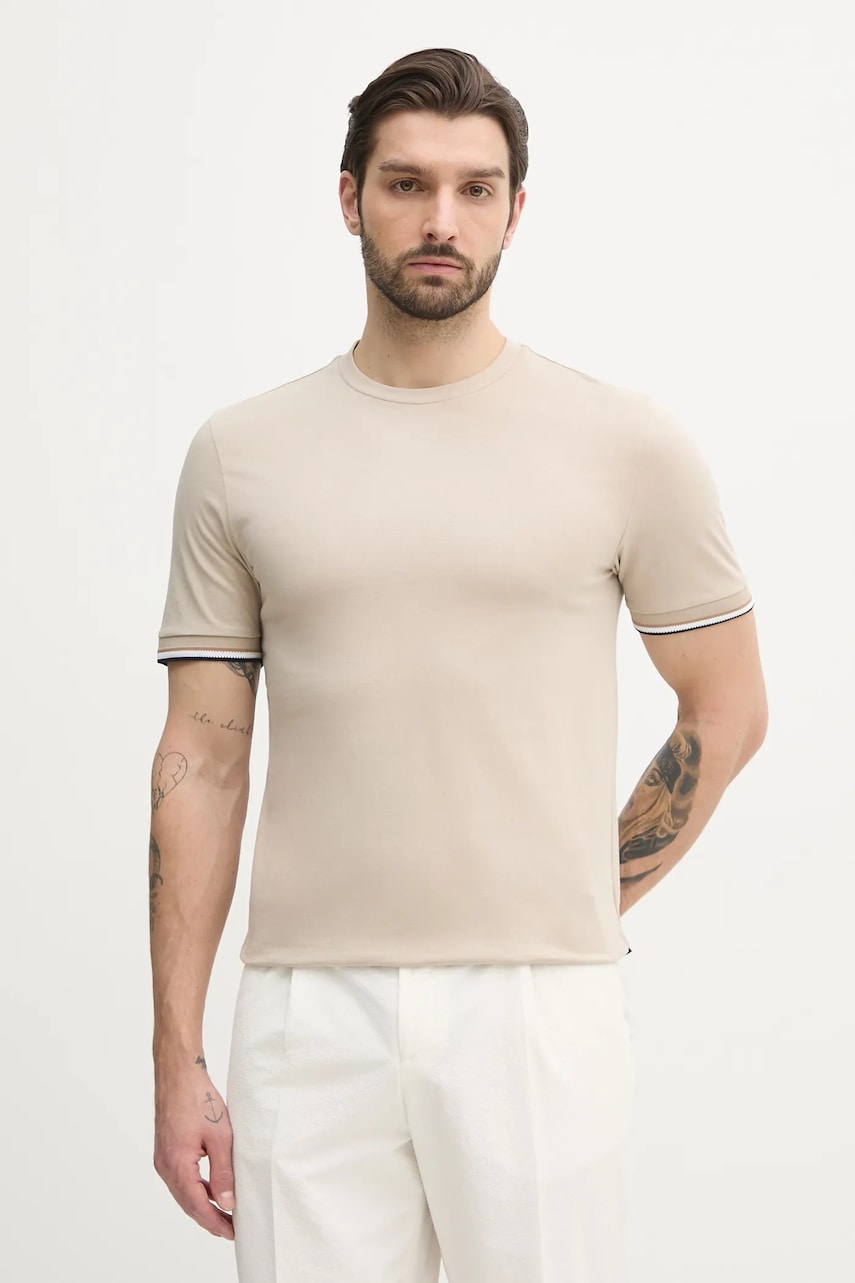 BOSS tricou din bumbac culoarea bej, neted