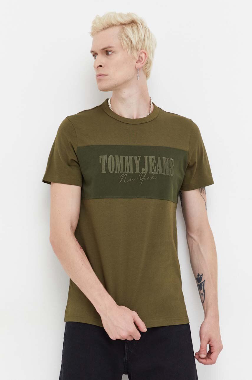 Tommy Jeans tricou din bumbac culoarea verde, cu imprimeu