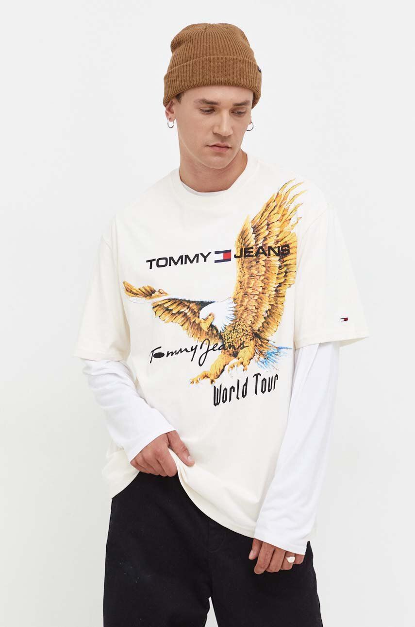 Tommy Jeans tricou din bumbac barbati, culoarea bej, cu imprimeu