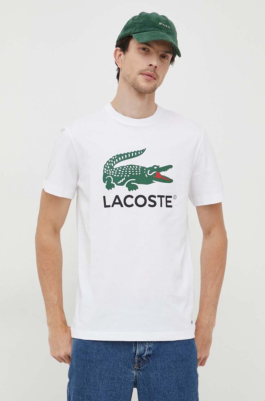 Lacoste tricou din bumbac culoarea alb, cu imprimeu
