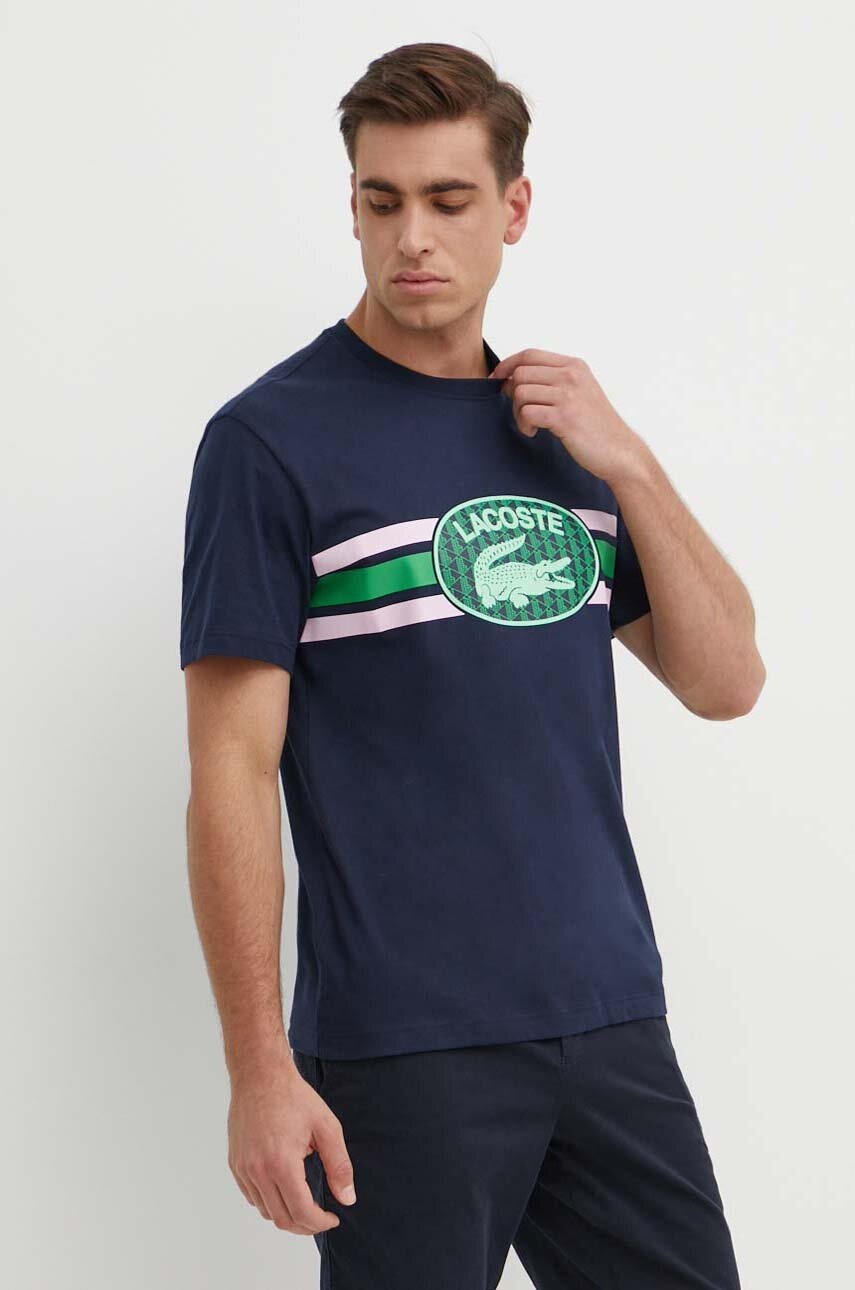 

Памучна тениска Lacoste в тъмносиньо с принт, Тъмносин