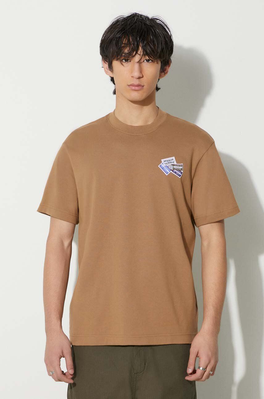 Lacoste tricou din bumbac bărbați, culoarea maro, cu imprimeu