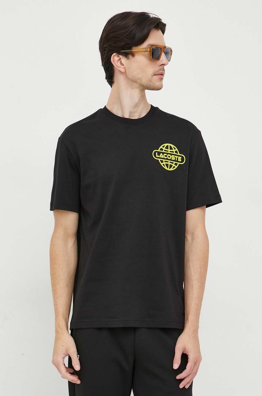 Levně Bavlněné tričko Lacoste černá barva, s potiskem