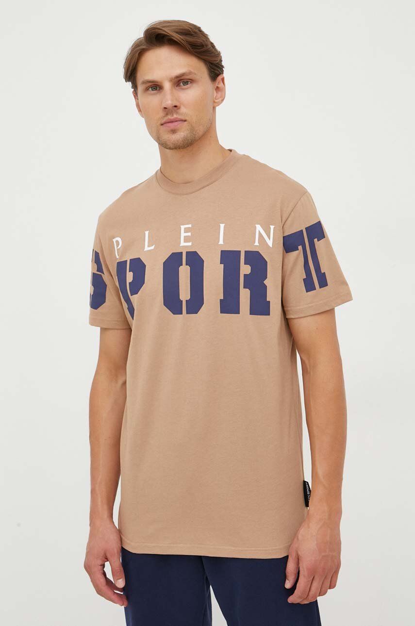 Bavlněné tričko PLEIN SPORT béžová barva, s potiskem - béžová - 100 % Bavlna