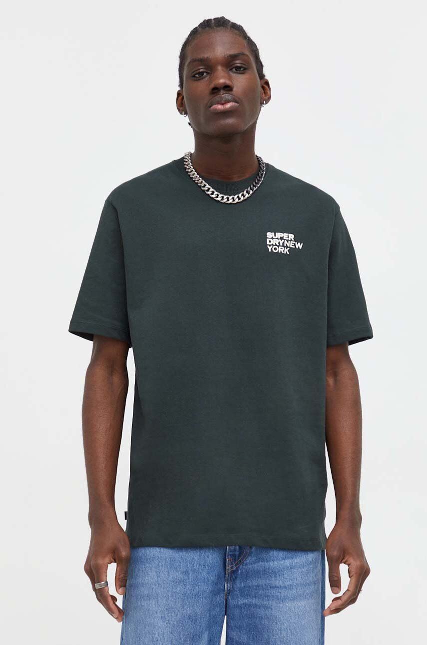Superdry tricou din bumbac barbati, culoarea verde, cu impri