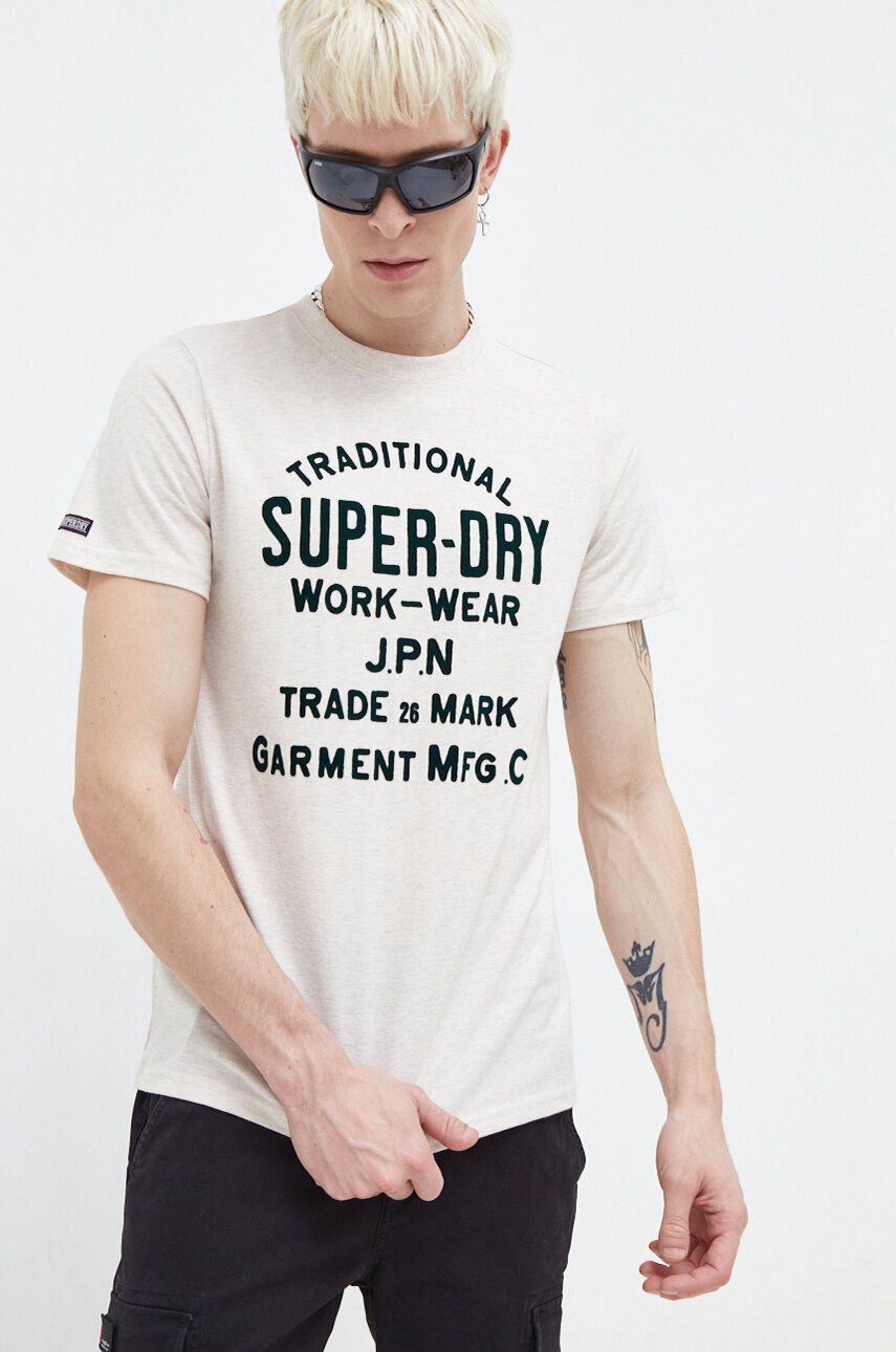 Superdry tricou barbati, culoarea bej, cu imprimeu