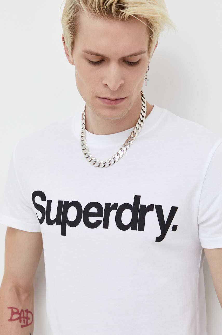 Superdry tricou din bumbac culoarea alb, cu imprimeu