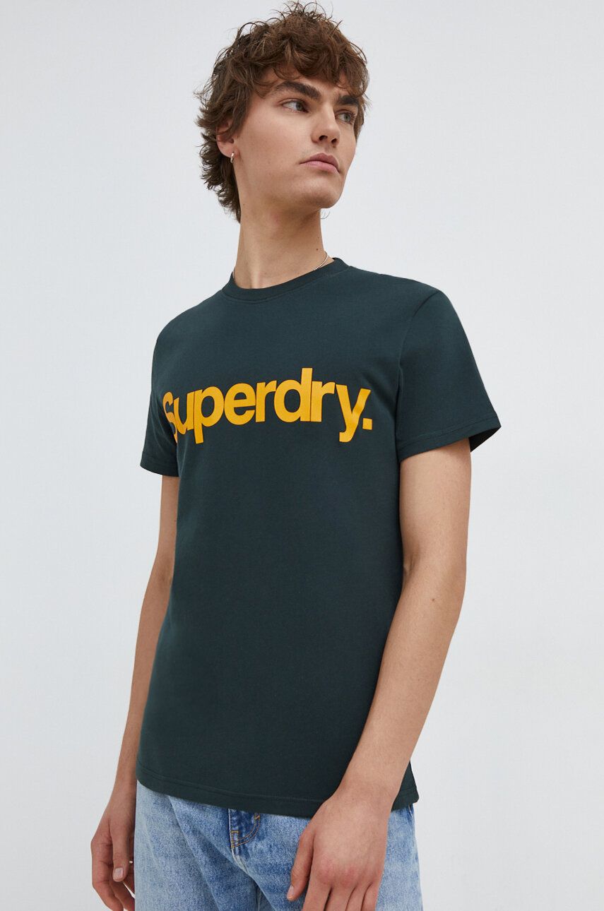 Superdry tricou din bumbac barbati, culoarea verde, cu impri