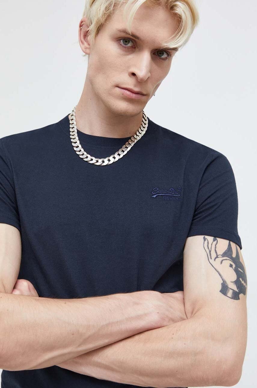 Superdry tricou din bumbac barbati, culoarea albastru marin, neted
