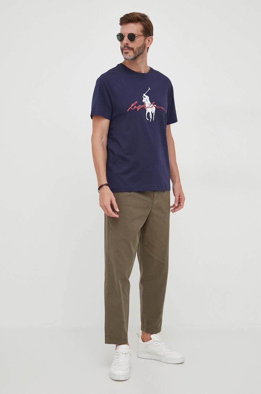 Levně Bavlněné tričko Polo Ralph Lauren tmavomodrá barva, s potiskem