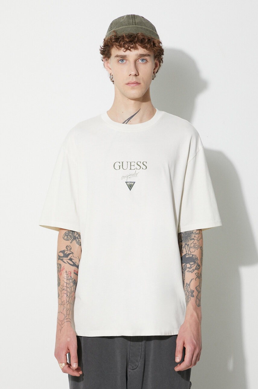 

Памучна тениска Guess Originals в бежово с принт, Бежов